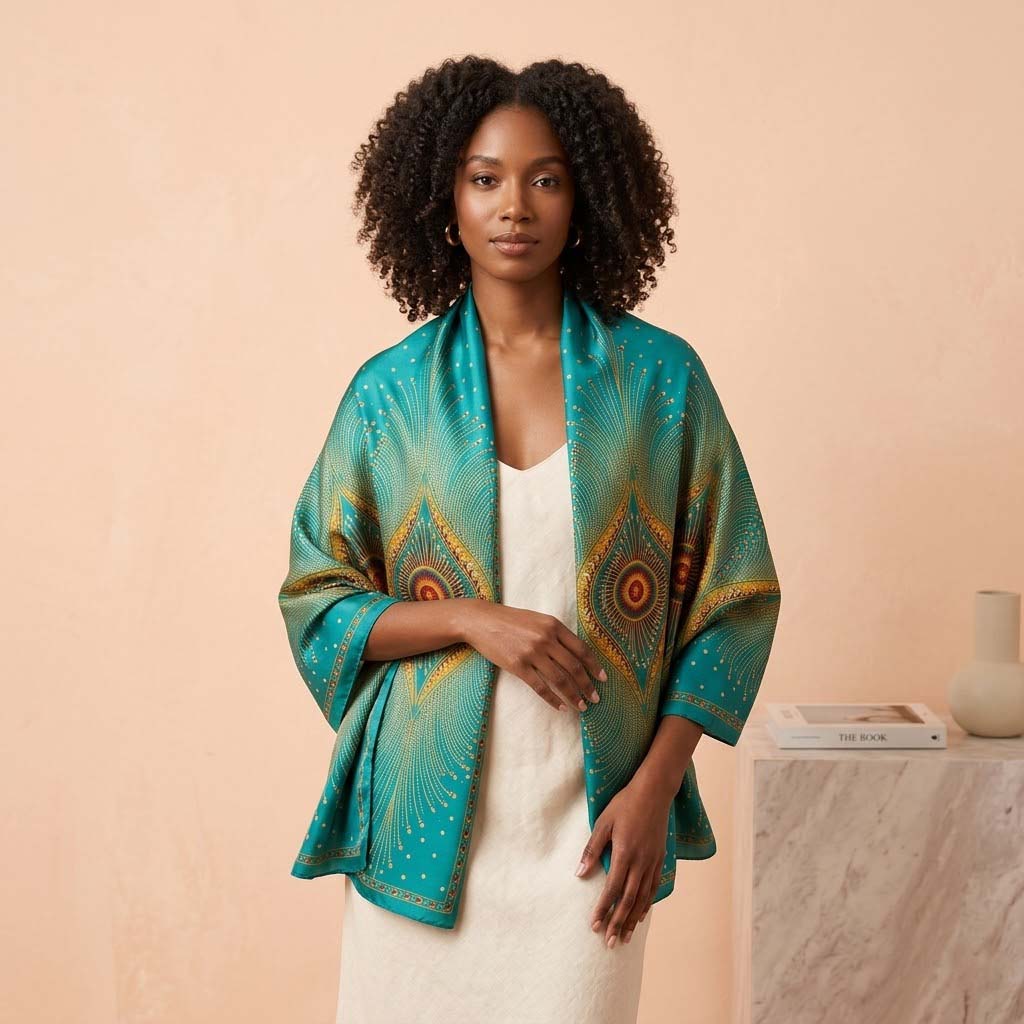 Peacock-feather silk print scarf